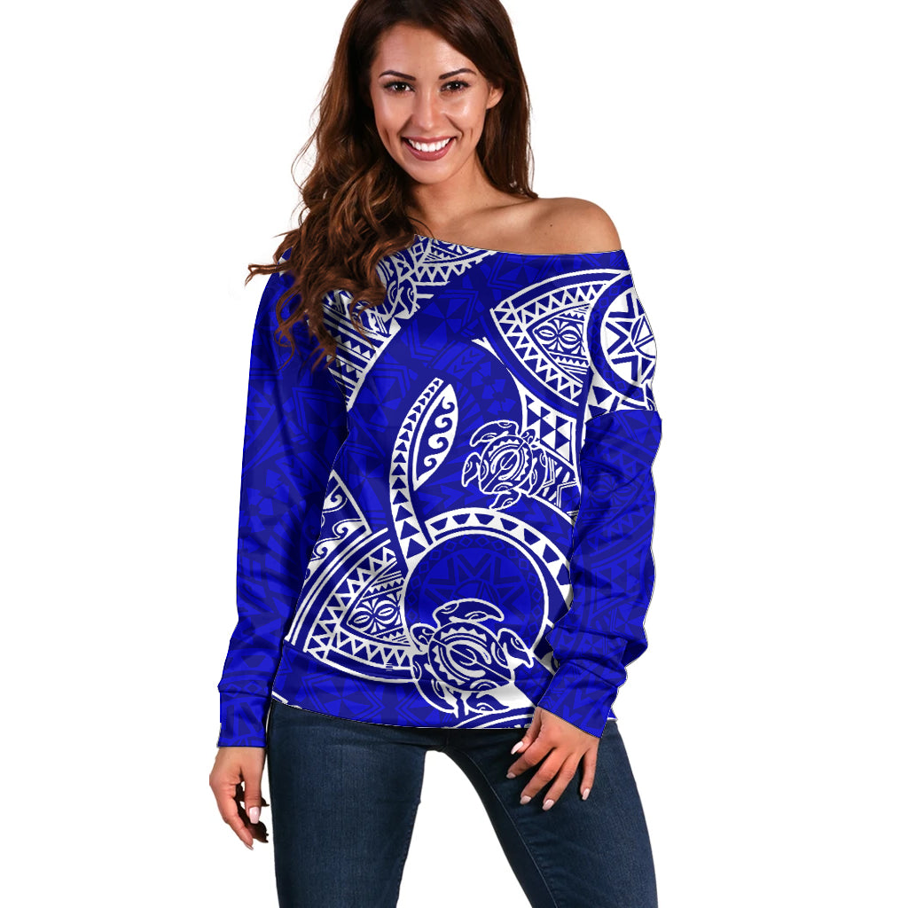 Polynesian Pride Hawaii Off Shoulder Sweater Hawaiian Tribal Honu Blue Version - Wonder Print Shop