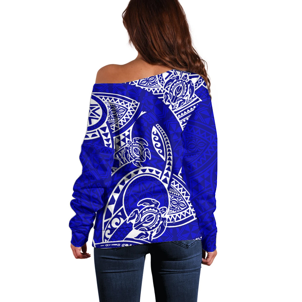Polynesian Pride Hawaii Off Shoulder Sweater Hawaiian Tribal Honu Blue Version - Wonder Print Shop