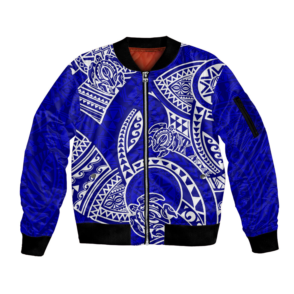 Polynesian Pride Hawaii Sleeve Zip Bomber Jacket Hawaiian Tribal Honu Blue Version - Wonder Print Shop