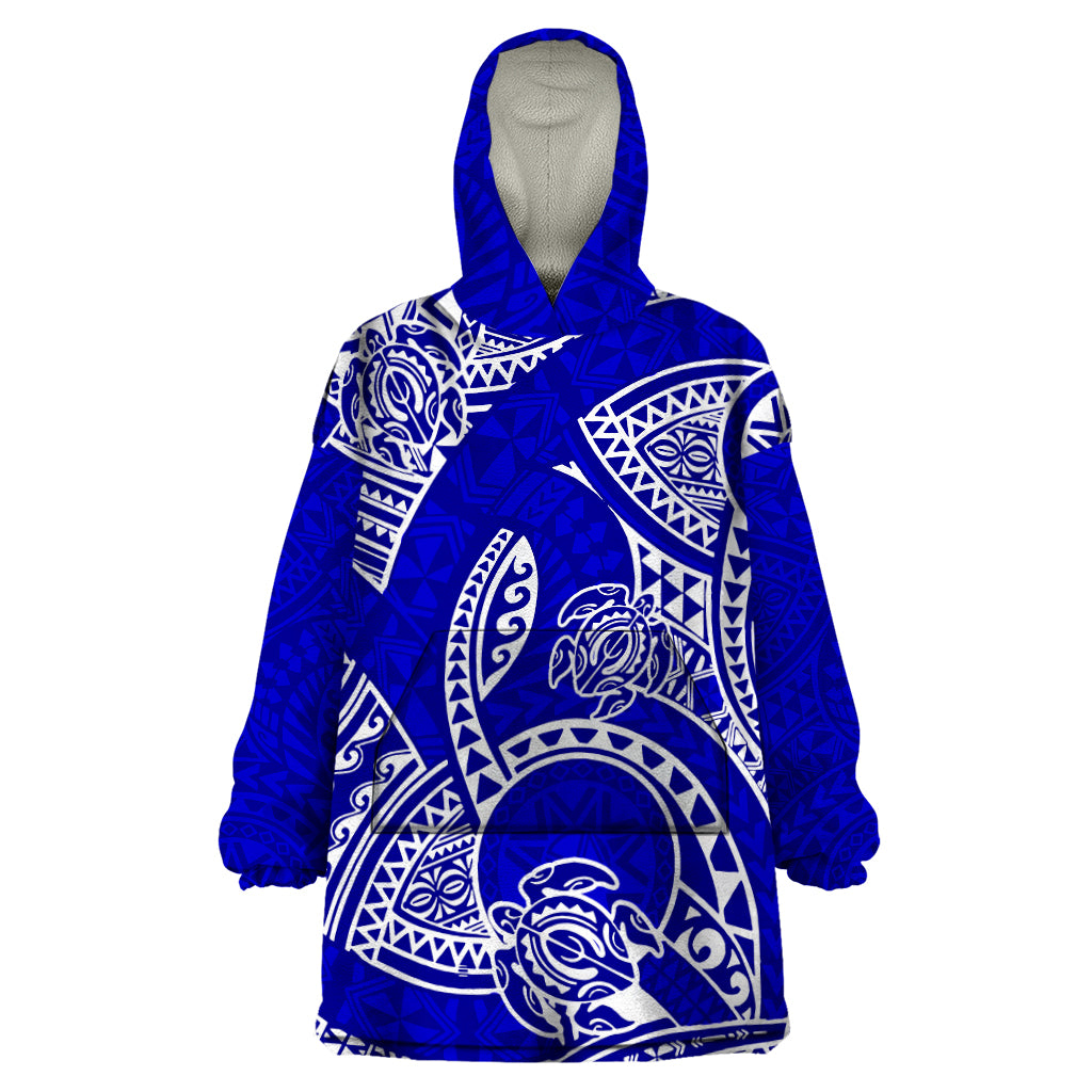 Polynesian Pride Hawaii Wearable Blanket Hoodie Hawaiian Tribal Honu Blue Version - Wonder Print Shop