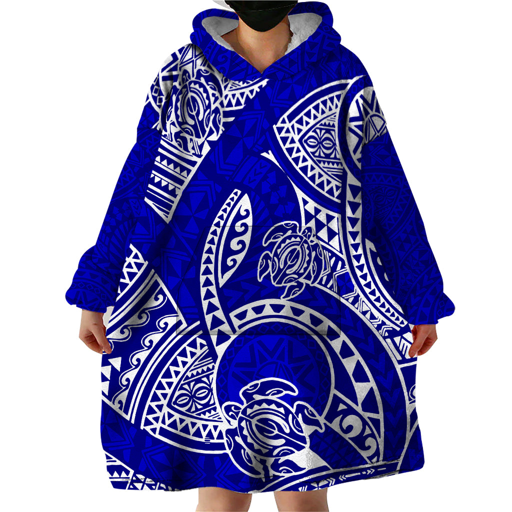 Polynesian Pride Hawaii Wearable Blanket Hoodie Hawaiian Tribal Honu Blue Version - Wonder Print Shop