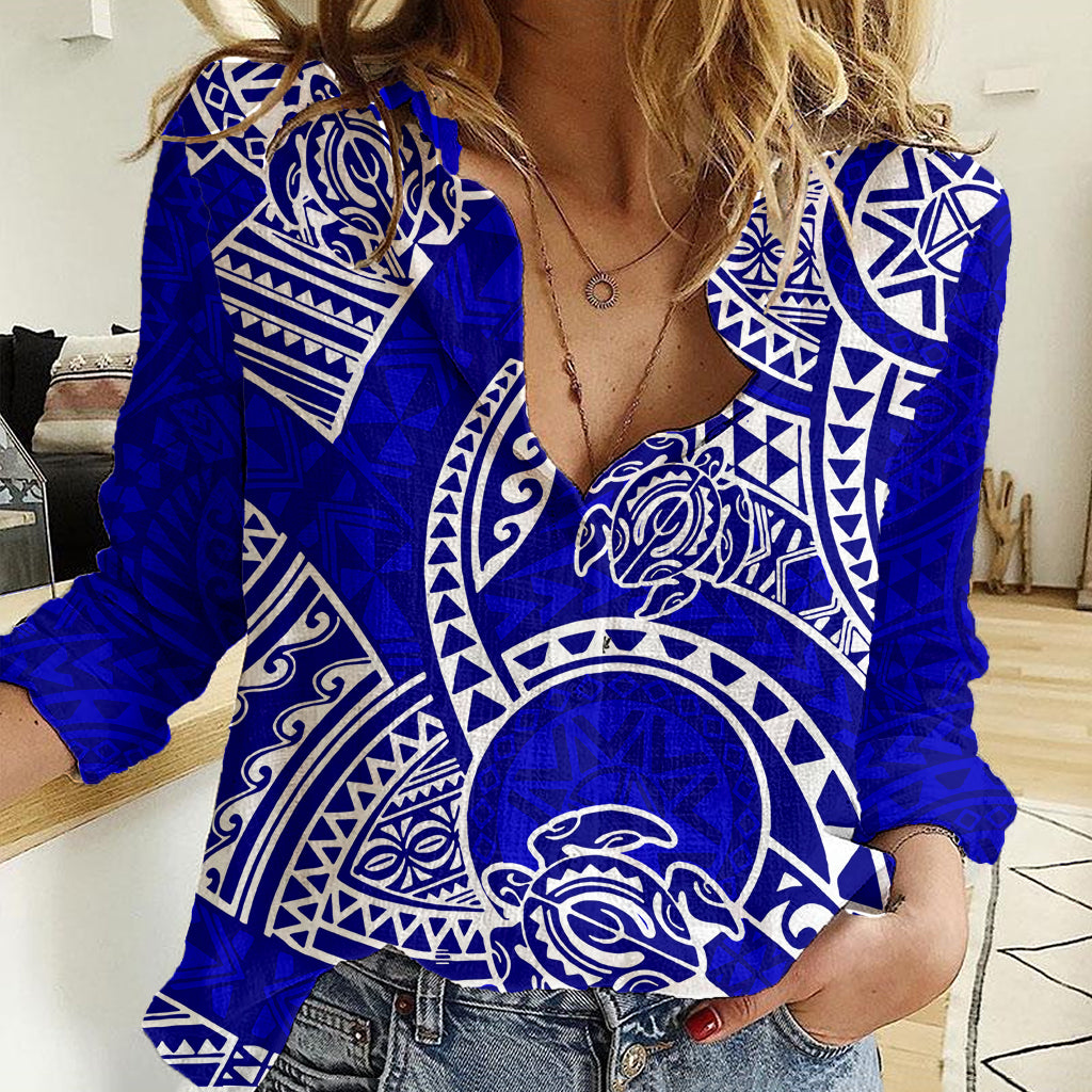 Polynesian Pride Hawaii Women Casual Shirt Hawaiian Tribal Honu Blue Version - Wonder Print Shop