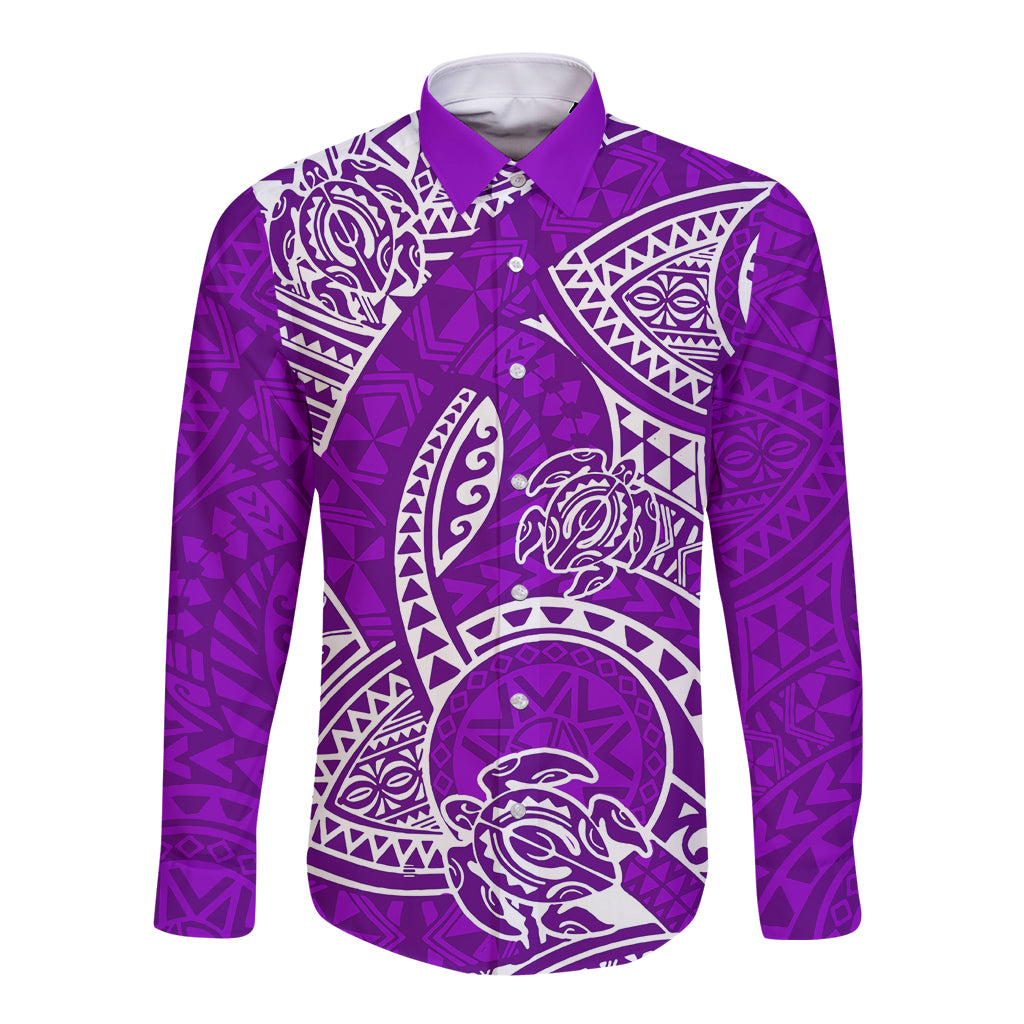 Polynesian Pride Hawaii Long Sleeve Button Shirt Hawaiian Tribal Honu Purple Version - Wonder Print Shop