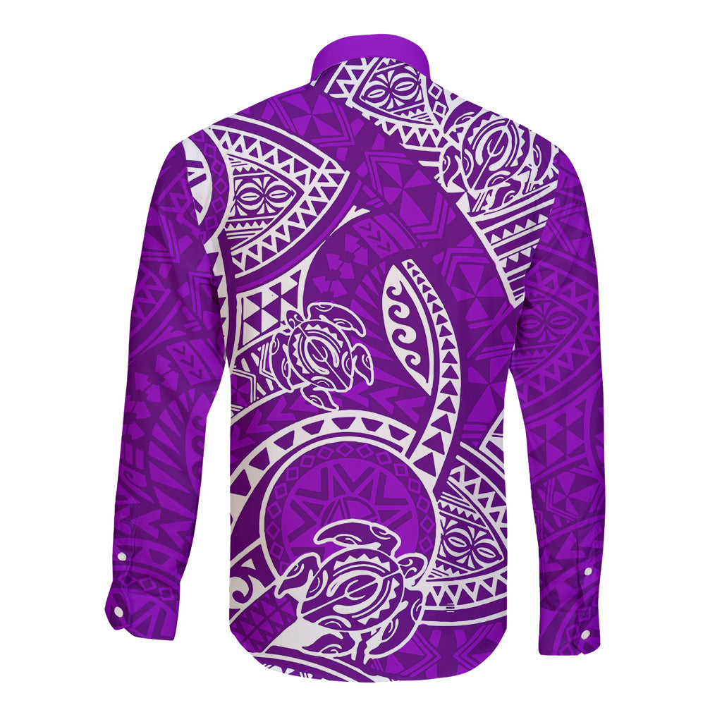 Polynesian Pride Hawaii Long Sleeve Button Shirt Hawaiian Tribal Honu Purple Version - Wonder Print Shop