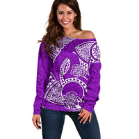 Polynesian Pride Hawaii Off Shoulder Sweater Hawaiian Tribal Honu Purple Version - Wonder Print Shop