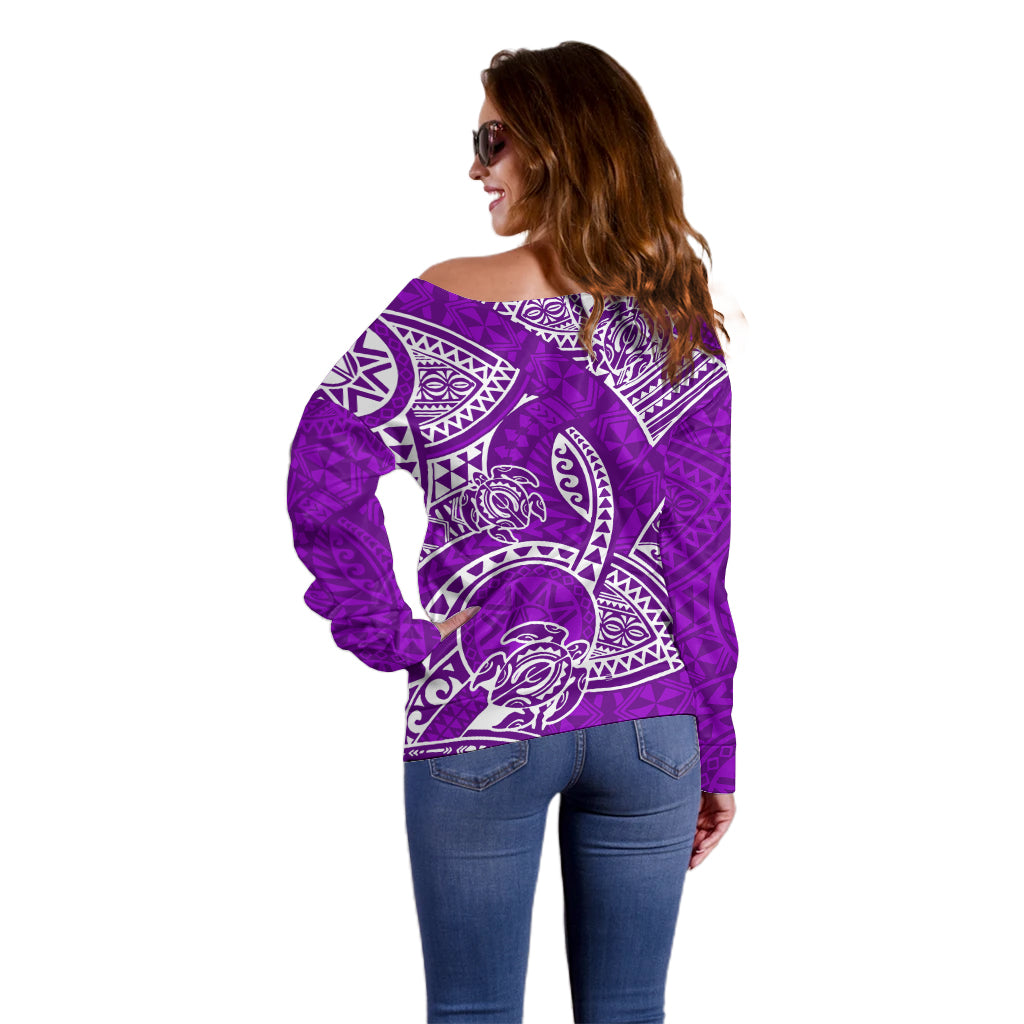 Polynesian Pride Hawaii Off Shoulder Sweater Hawaiian Tribal Honu Purple Version - Wonder Print Shop