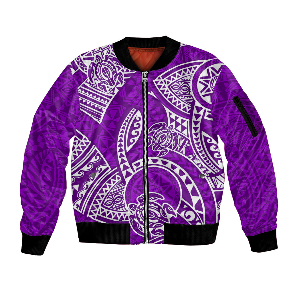 Polynesian Pride Hawaii Sleeve Zip Bomber Jacket Hawaiian Tribal Honu Purple Version - Wonder Print Shop