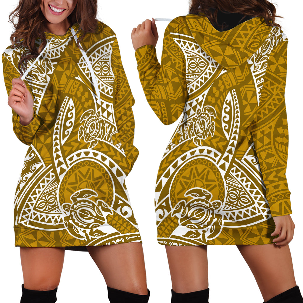 Polynesian Pride Hawaii Hoodie Dress Hawaiian Tribal Honu Gold Version - Wonder Print Shop
