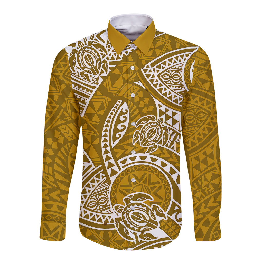 Polynesian Pride Hawaii Long Sleeve Button Shirt Hawaiian Tribal Honu Gold Version - Wonder Print Shop