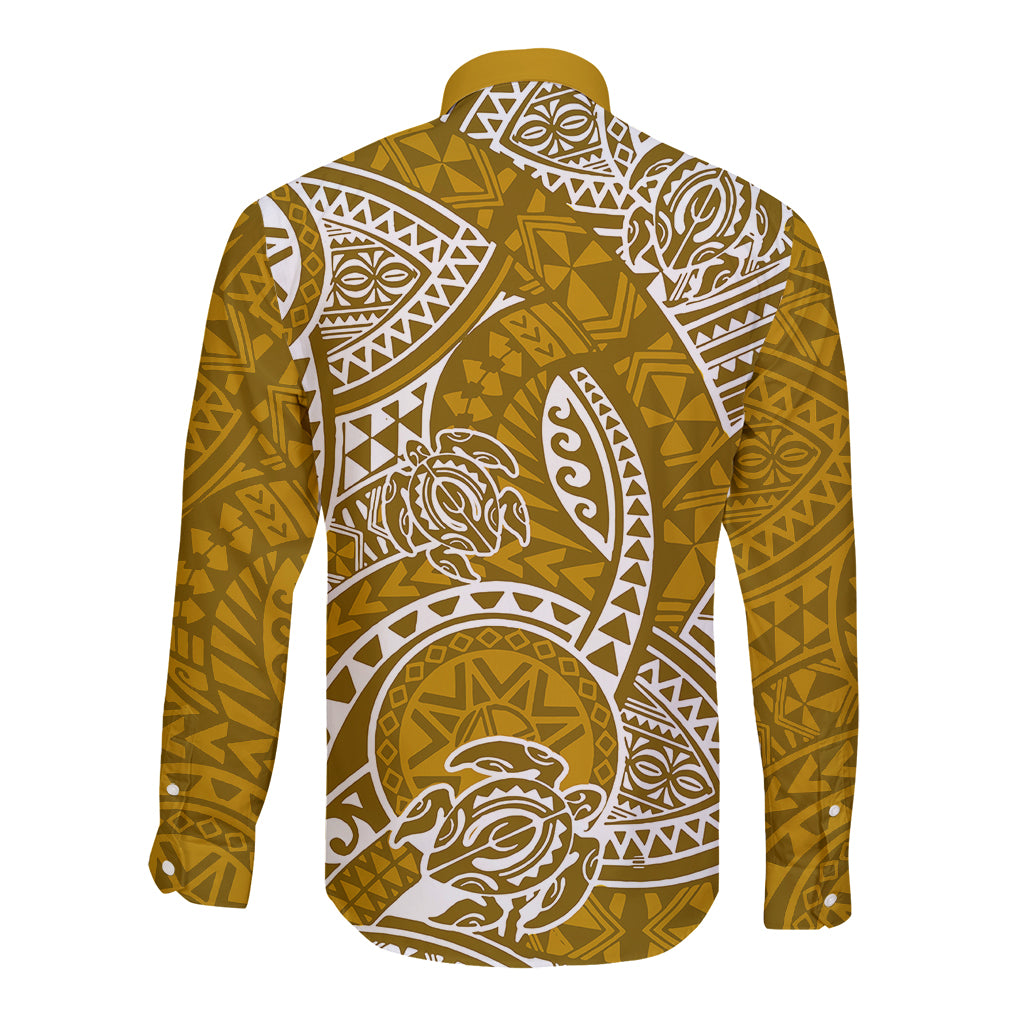 Polynesian Pride Hawaii Long Sleeve Button Shirt Hawaiian Tribal Honu Gold Version - Wonder Print Shop