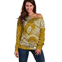 Polynesian Pride Hawaii Off Shoulder Sweater Hawaiian Tribal Honu Gold Version - Wonder Print Shop