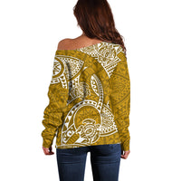 Polynesian Pride Hawaii Off Shoulder Sweater Hawaiian Tribal Honu Gold Version - Wonder Print Shop