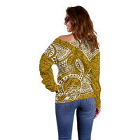 Polynesian Pride Hawaii Off Shoulder Sweater Hawaiian Tribal Honu Gold Version - Wonder Print Shop