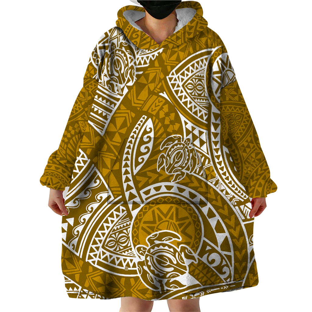 Polynesian Pride Hawaii Wearable Blanket Hoodie Hawaiian Tribal Honu Gold Version - Wonder Print Shop