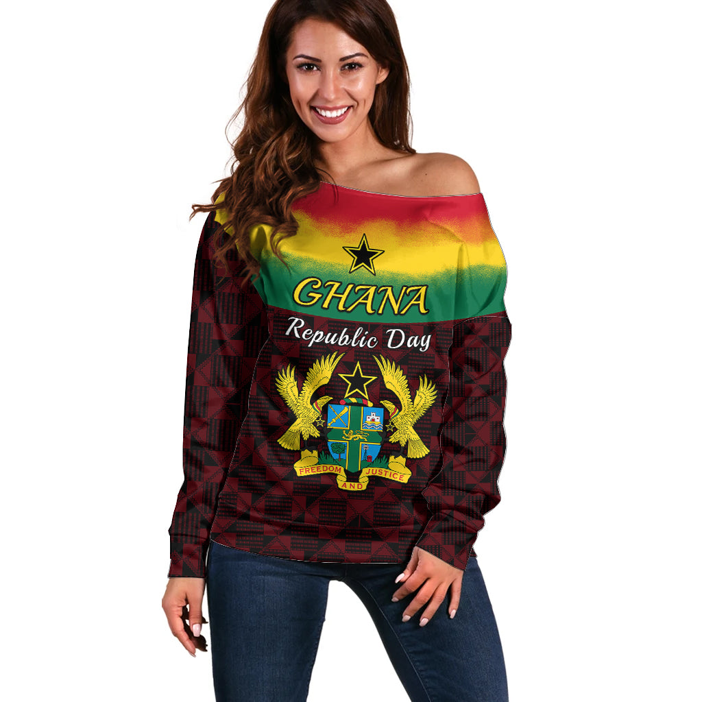 1 July Ghana Republic Day Off Shoulder Sweater African Pattern Mix Flag Unique Style - Wonder Print Shop