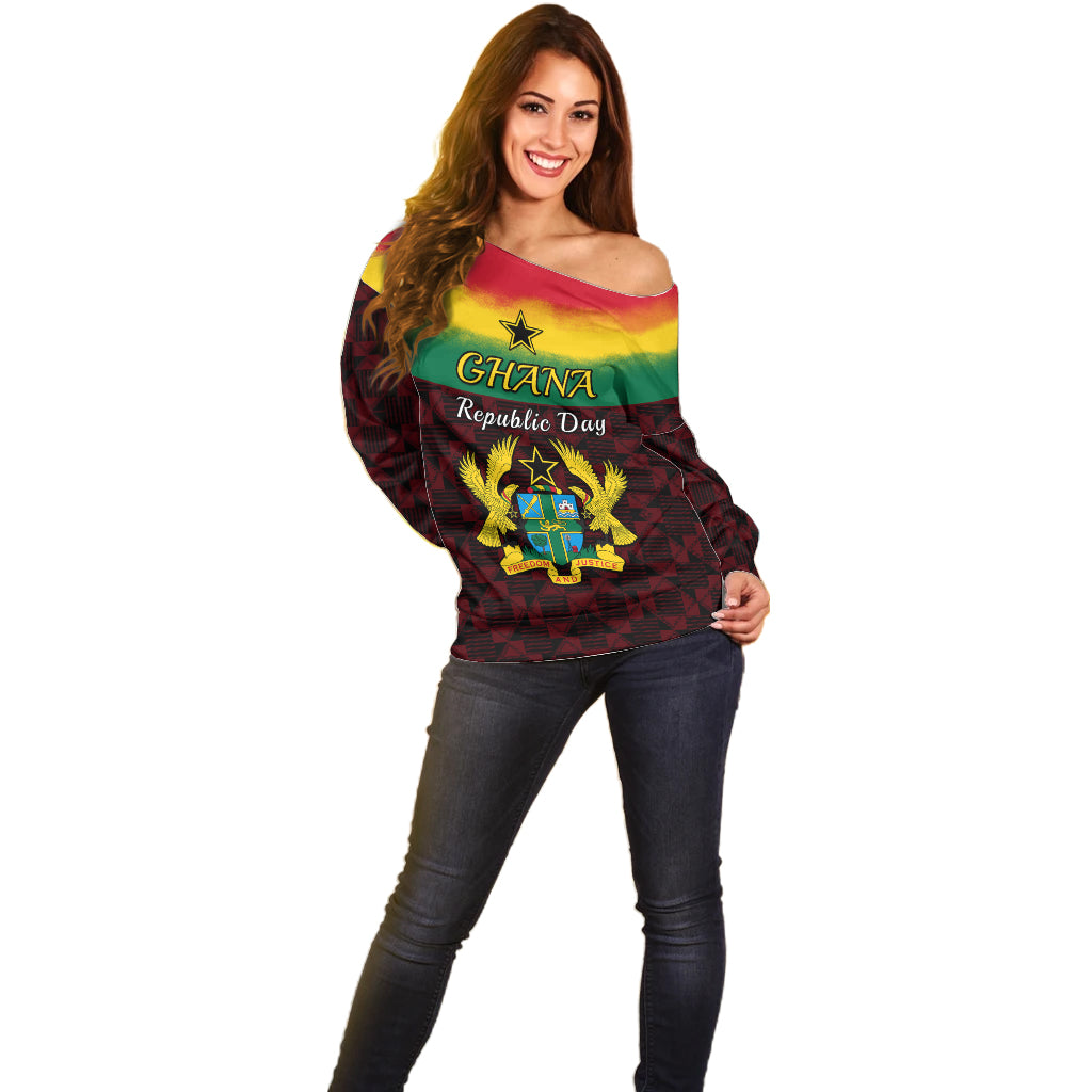 Personalised 1 July Ghana Republic Day Off Shoulder Sweater African Pattern Mix Flag Unique Style - Wonder Print Shop