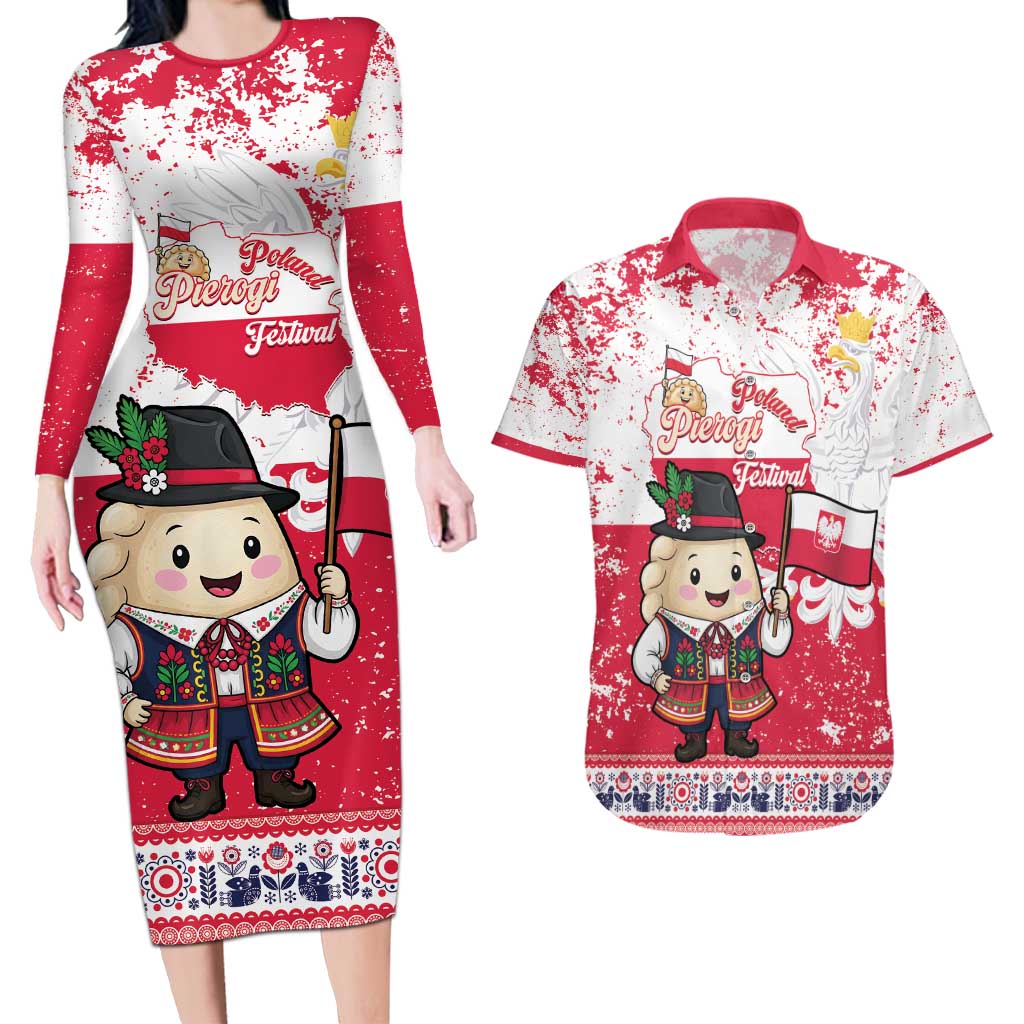 Poland Pierogi Festival Couples Matching Long Sleeve Bodycon Dress and Hawaiian Shirt Funny Dumpling Costume With Flag - Wonder Print Shop
