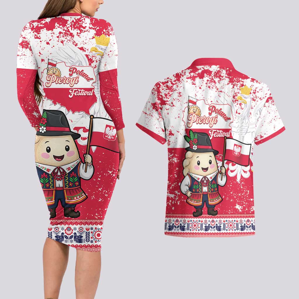 Poland Pierogi Festival Couples Matching Long Sleeve Bodycon Dress and Hawaiian Shirt Funny Dumpling Costume With Flag - Wonder Print Shop