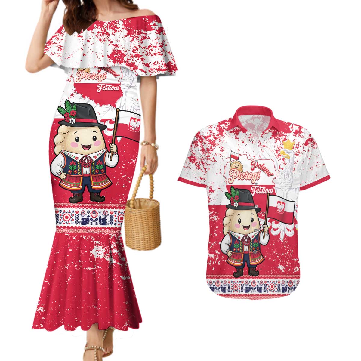 Poland Pierogi Festival Couples Matching Mermaid Dress and Hawaiian Shirt Funny Dumpling Costume With Flag - Wonder Print Shop