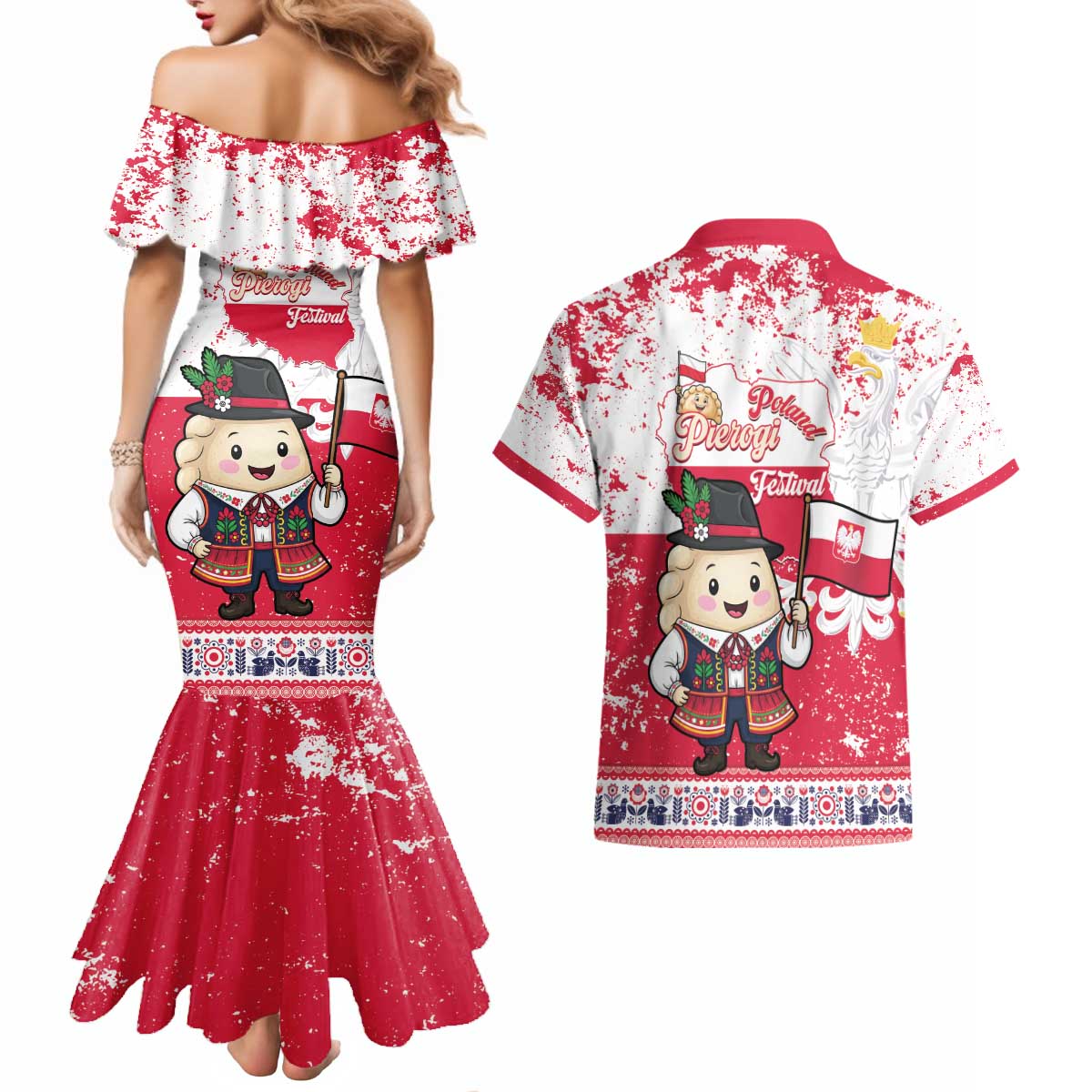Poland Pierogi Festival Couples Matching Mermaid Dress and Hawaiian Shirt Funny Dumpling Costume With Flag - Wonder Print Shop