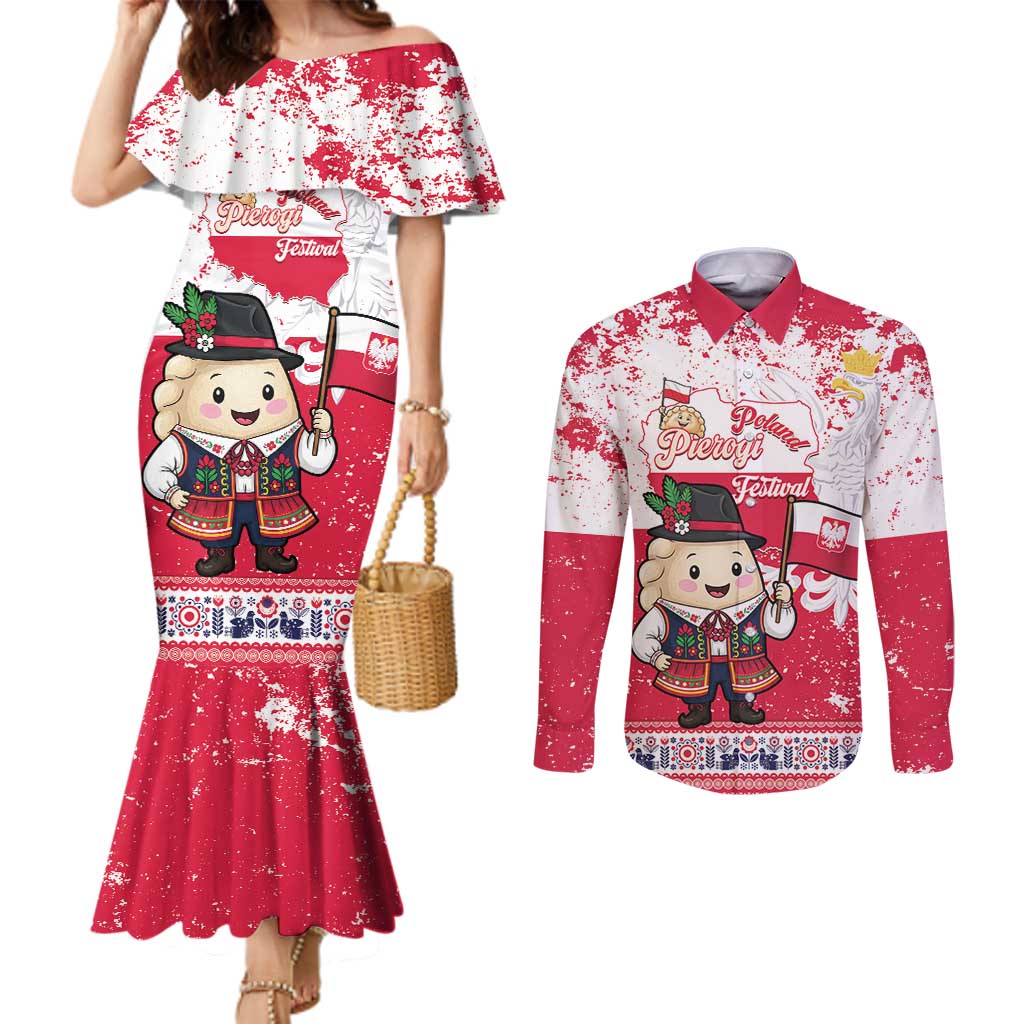 Poland Pierogi Festival Couples Matching Mermaid Dress and Long Sleeve Button Shirt Funny Dumpling Costume With Flag - Wonder Print Shop