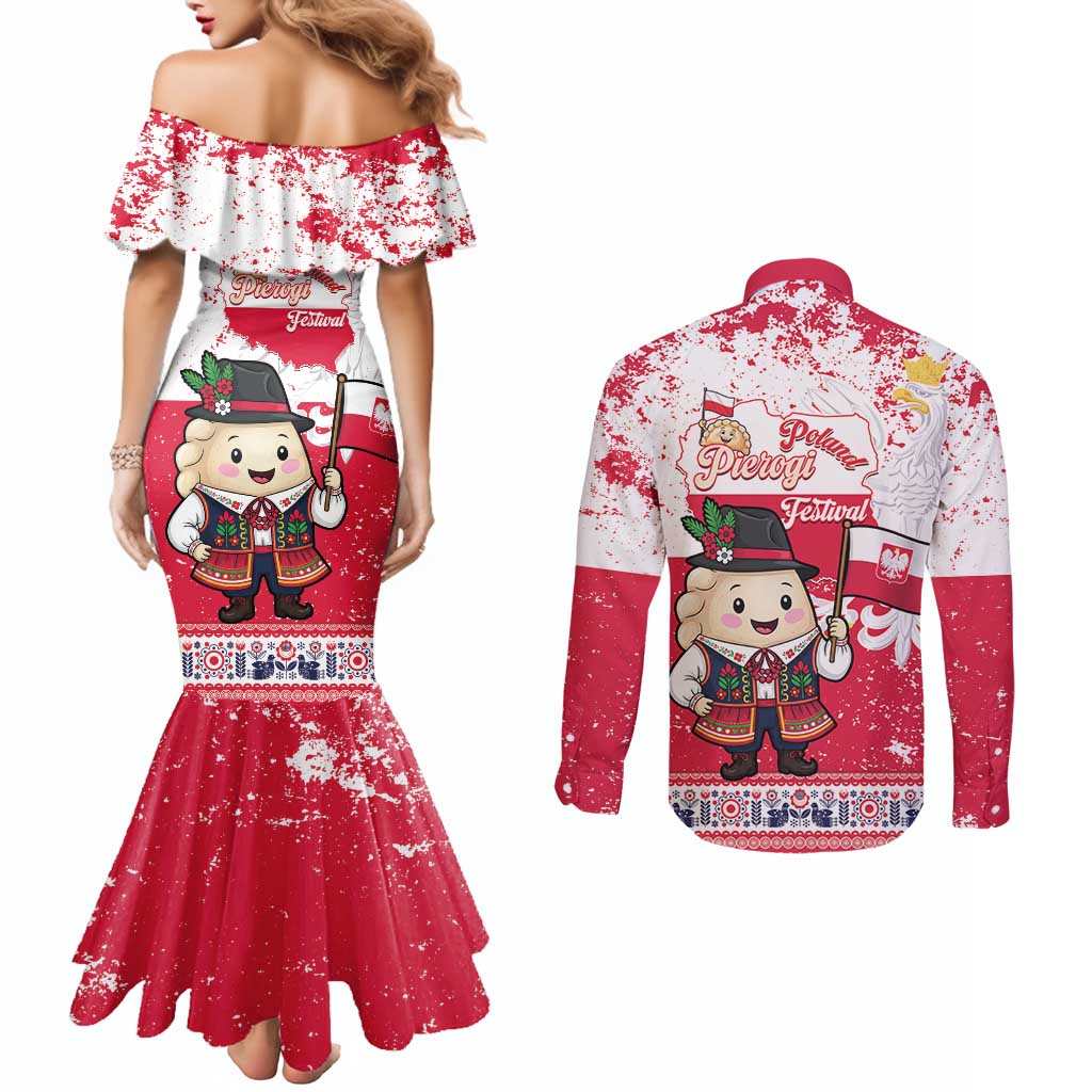 Poland Pierogi Festival Couples Matching Mermaid Dress and Long Sleeve Button Shirt Funny Dumpling Costume With Flag - Wonder Print Shop