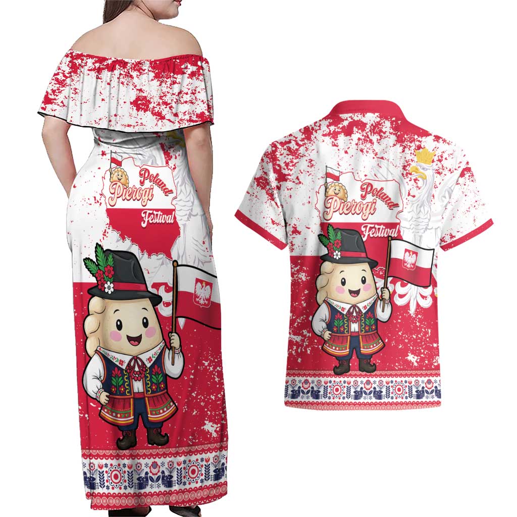 Poland Pierogi Festival Couples Matching Off Shoulder Maxi Dress and Hawaiian Shirt Funny Dumpling Costume With Flag - Wonder Print Shop