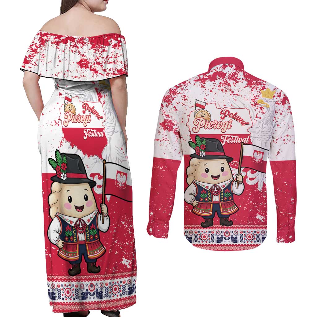 Poland Pierogi Festival Couples Matching Off Shoulder Maxi Dress and Long Sleeve Button Shirt Funny Dumpling Costume With Flag - Wonder Print Shop