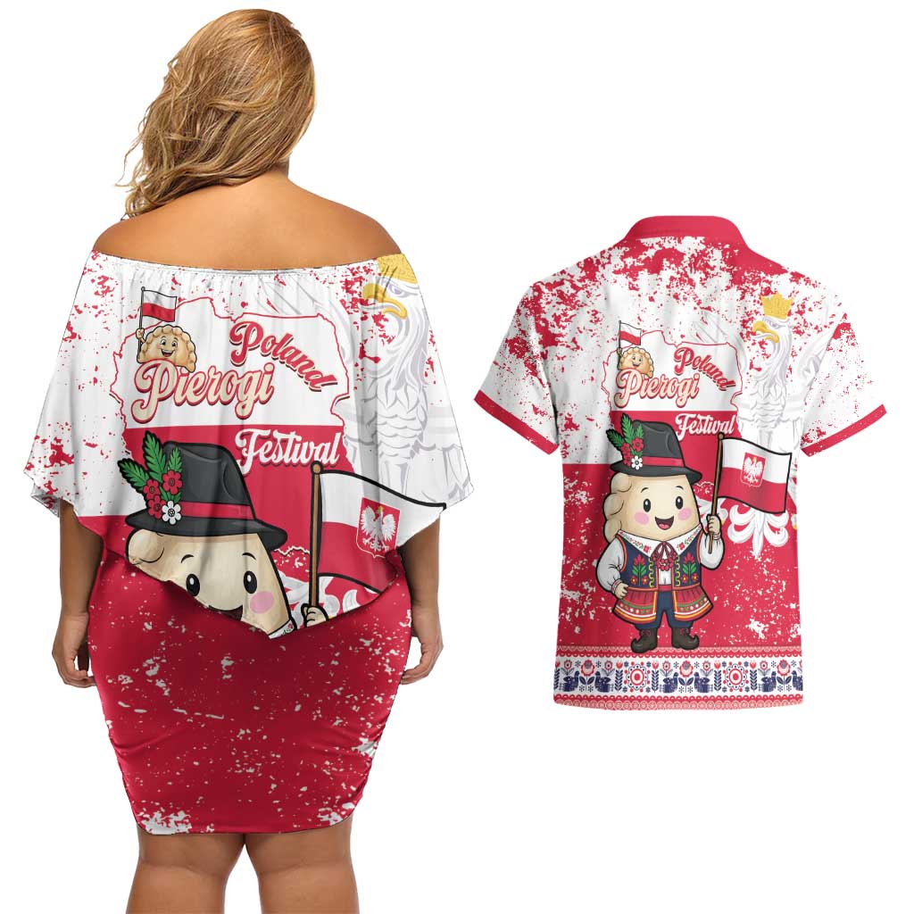 Poland Pierogi Festival Couples Matching Off Shoulder Short Dress and Hawaiian Shirt Funny Dumpling Costume With Flag - Wonder Print Shop