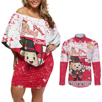 Poland Pierogi Festival Couples Matching Off Shoulder Short Dress and Long Sleeve Button Shirt Funny Dumpling Costume With Flag - Wonder Print Shop