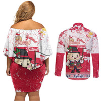 Poland Pierogi Festival Couples Matching Off Shoulder Short Dress and Long Sleeve Button Shirt Funny Dumpling Costume With Flag - Wonder Print Shop