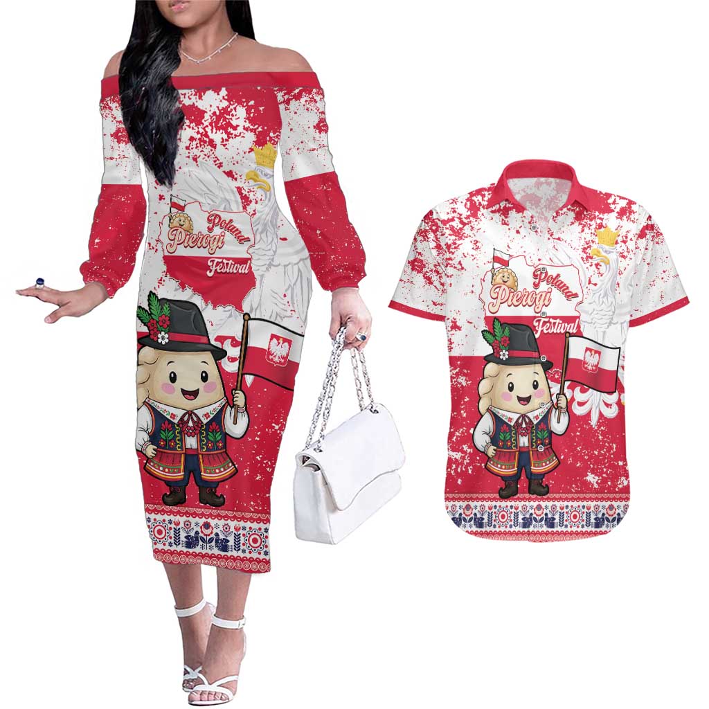 Poland Pierogi Festival Couples Matching Off The Shoulder Long Sleeve Dress and Hawaiian Shirt Funny Dumpling Costume With Flag - Wonder Print Shop