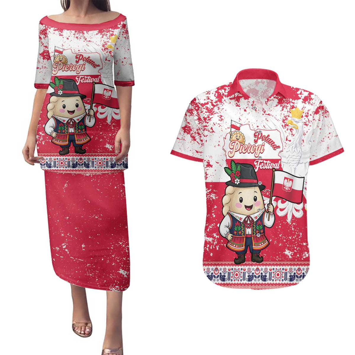 Poland Pierogi Festival Couples Matching Puletasi and Hawaiian Shirt Funny Dumpling Costume With Flag - Wonder Print Shop