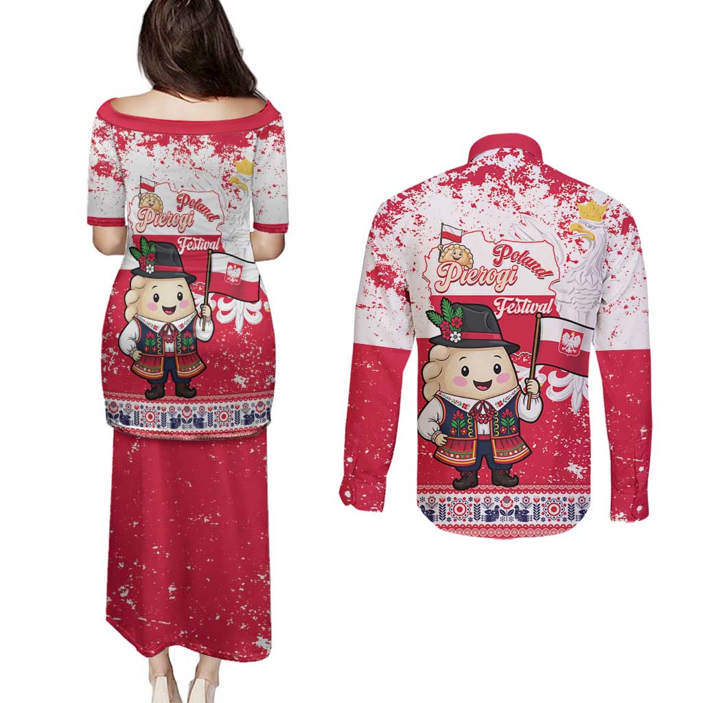 Poland Pierogi Festival Couples Matching Puletasi and Long Sleeve Button Shirt Funny Dumpling Costume With Flag - Wonder Print Shop