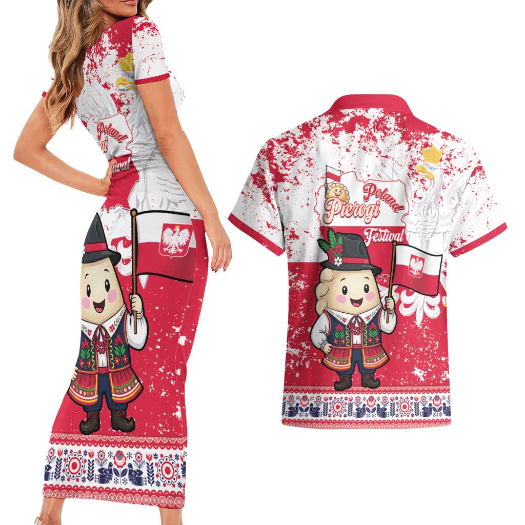 Poland Pierogi Festival Couples Matching Short Sleeve Bodycon Dress and Hawaiian Shirt Funny Dumpling Costume With Flag - Wonder Print Shop
