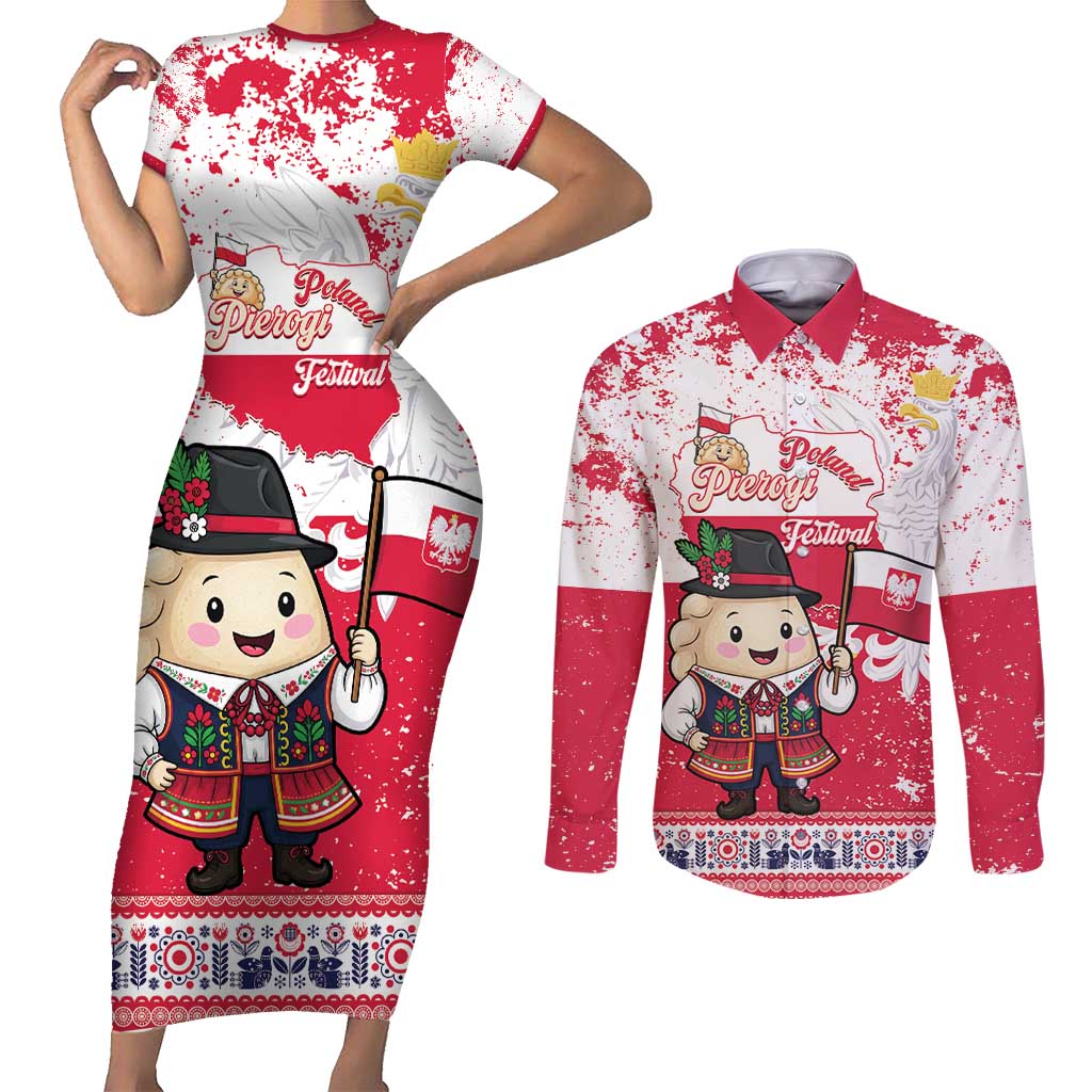 Poland Pierogi Festival Couples Matching Short Sleeve Bodycon Dress and Long Sleeve Button Shirt Funny Dumpling Costume With Flag - Wonder Print Shop