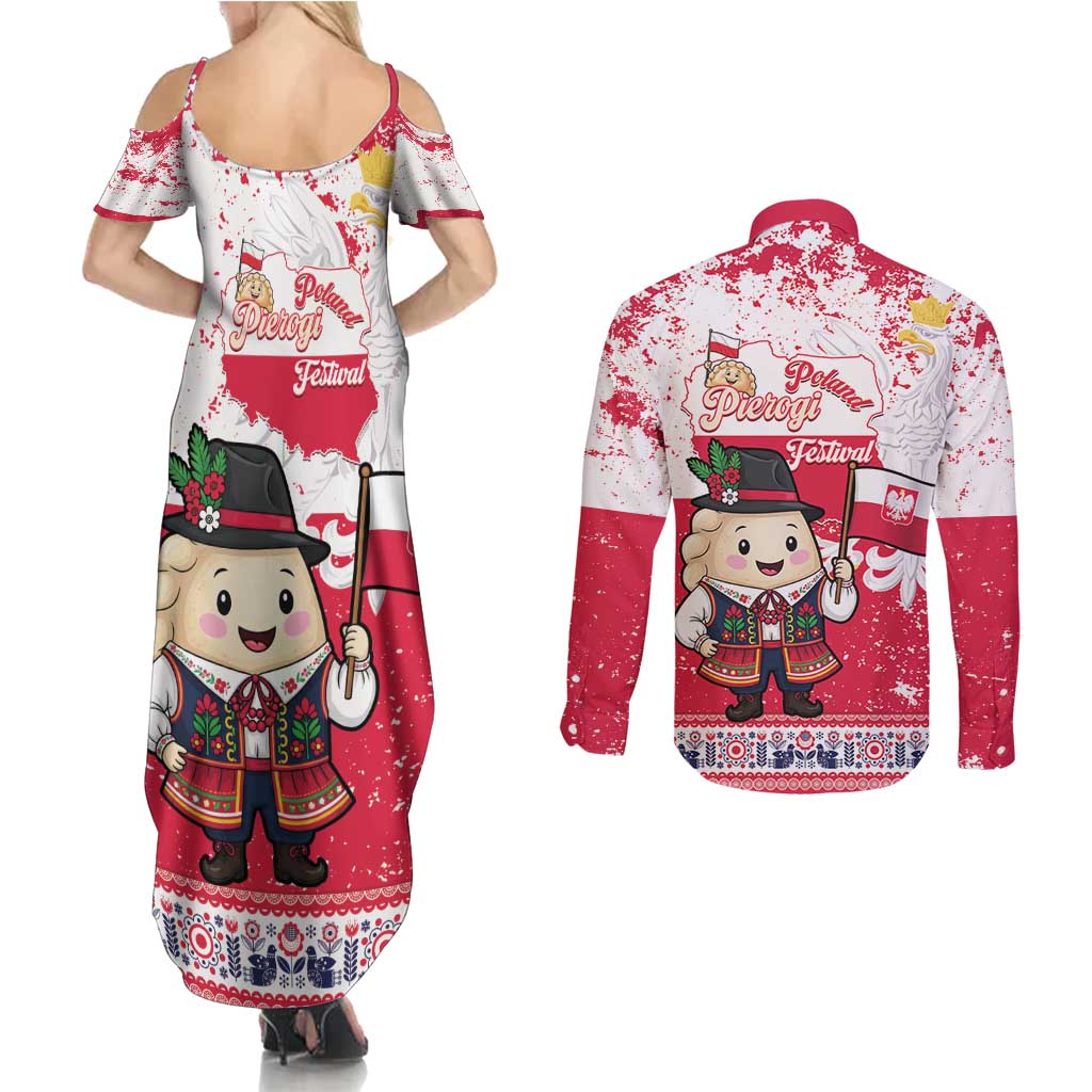 Poland Pierogi Festival Couples Matching Summer Maxi Dress and Long Sleeve Button Shirt Funny Dumpling Costume With Flag - Wonder Print Shop