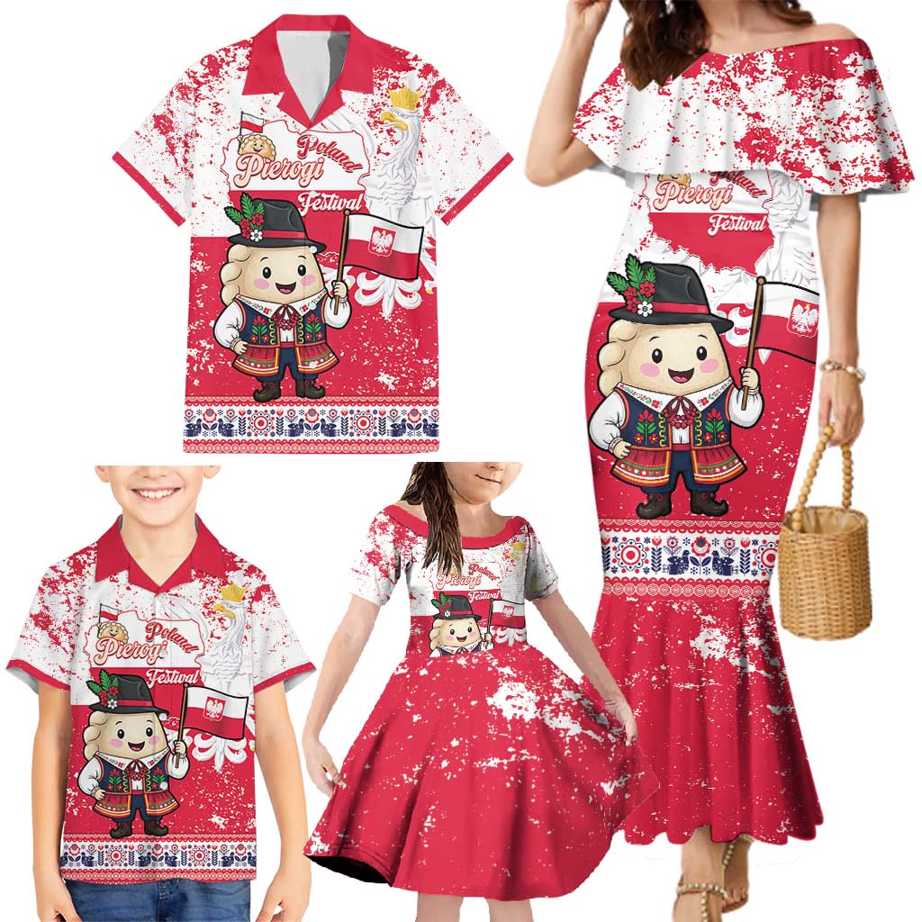 Poland Pierogi Festival Family Matching Mermaid Dress and Hawaiian Shirt Funny Dumpling Costume With Flag - Wonder Print Shop