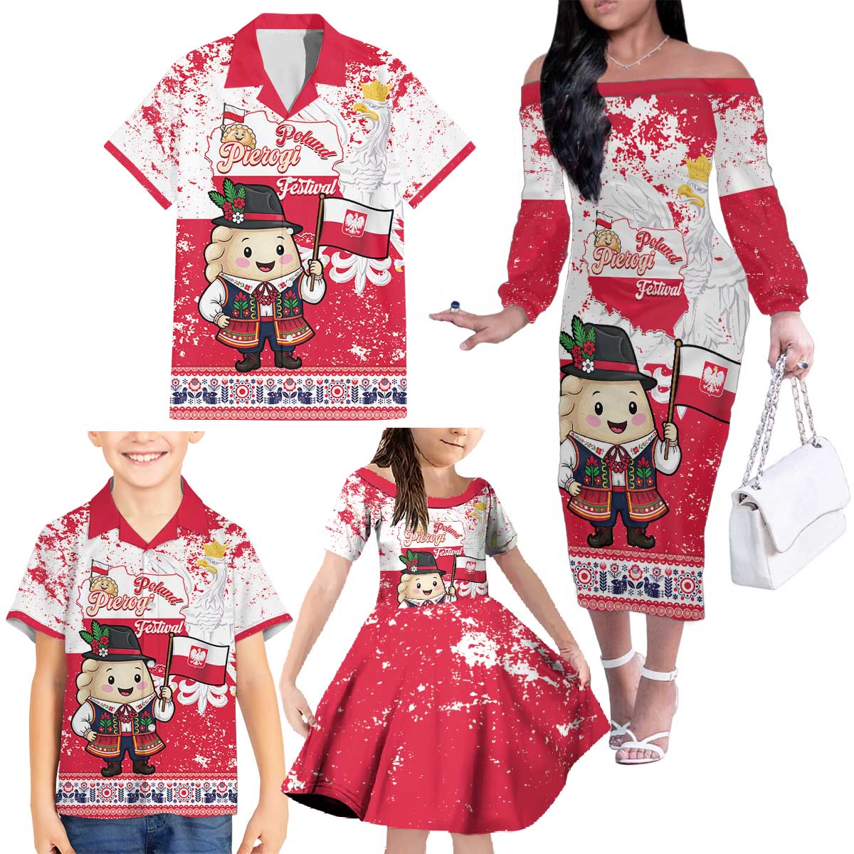 Poland Pierogi Festival Family Matching Off The Shoulder Long Sleeve Dress and Hawaiian Shirt Funny Dumpling Costume With Flag - Wonder Print Shop
