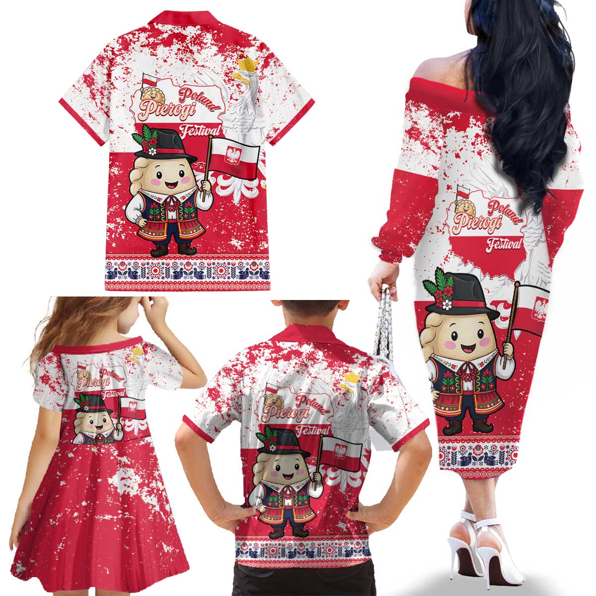 Poland Pierogi Festival Family Matching Off The Shoulder Long Sleeve Dress and Hawaiian Shirt Funny Dumpling Costume With Flag - Wonder Print Shop