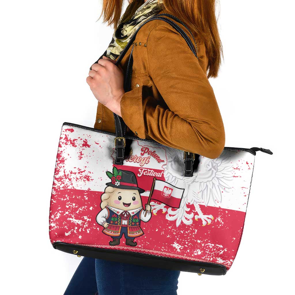 Poland Pierogi Festival Leather Tote Bag Funny Dumpling Costume With Flag - Wonder Print Shop