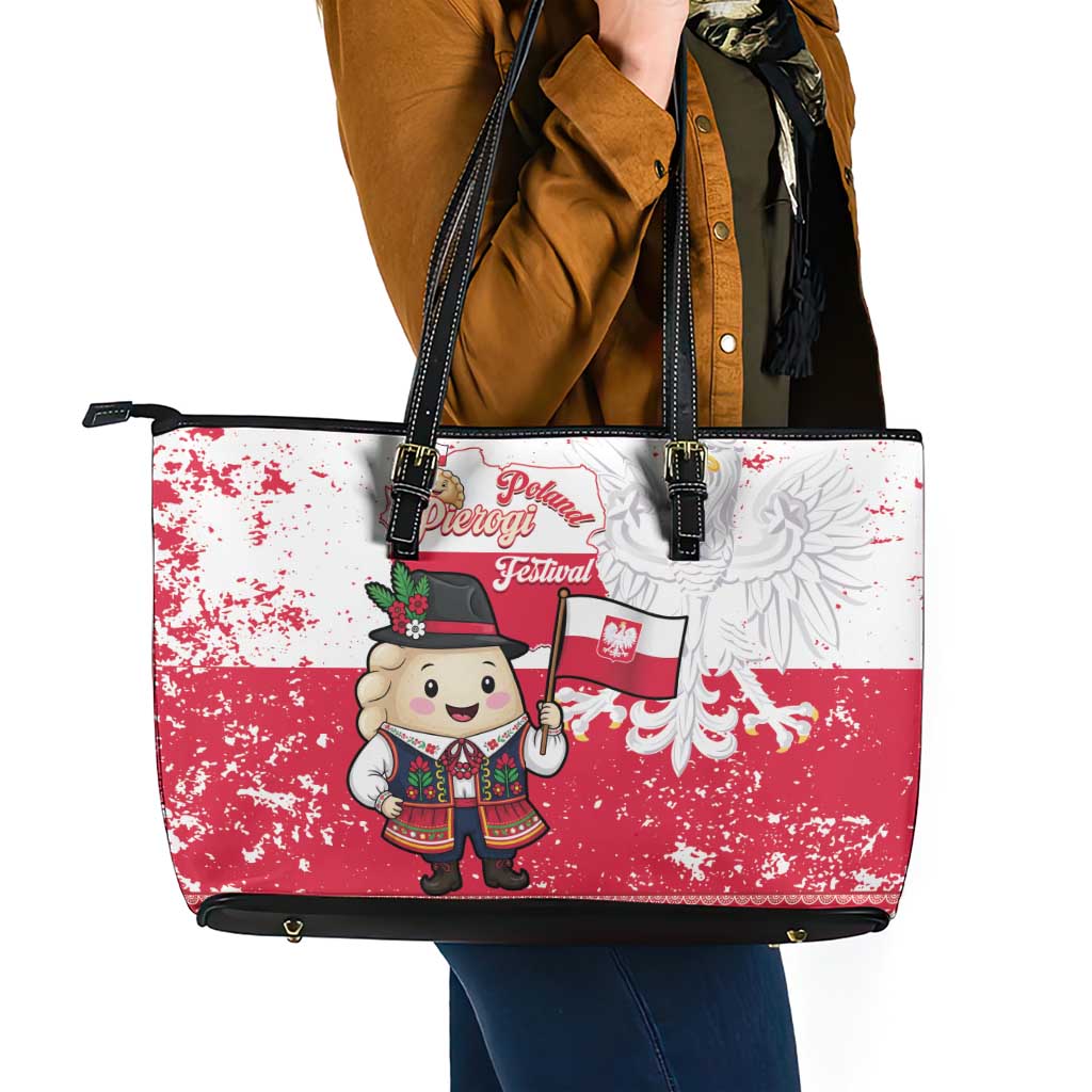Poland Pierogi Festival Leather Tote Bag Funny Dumpling Costume With Flag - Wonder Print Shop