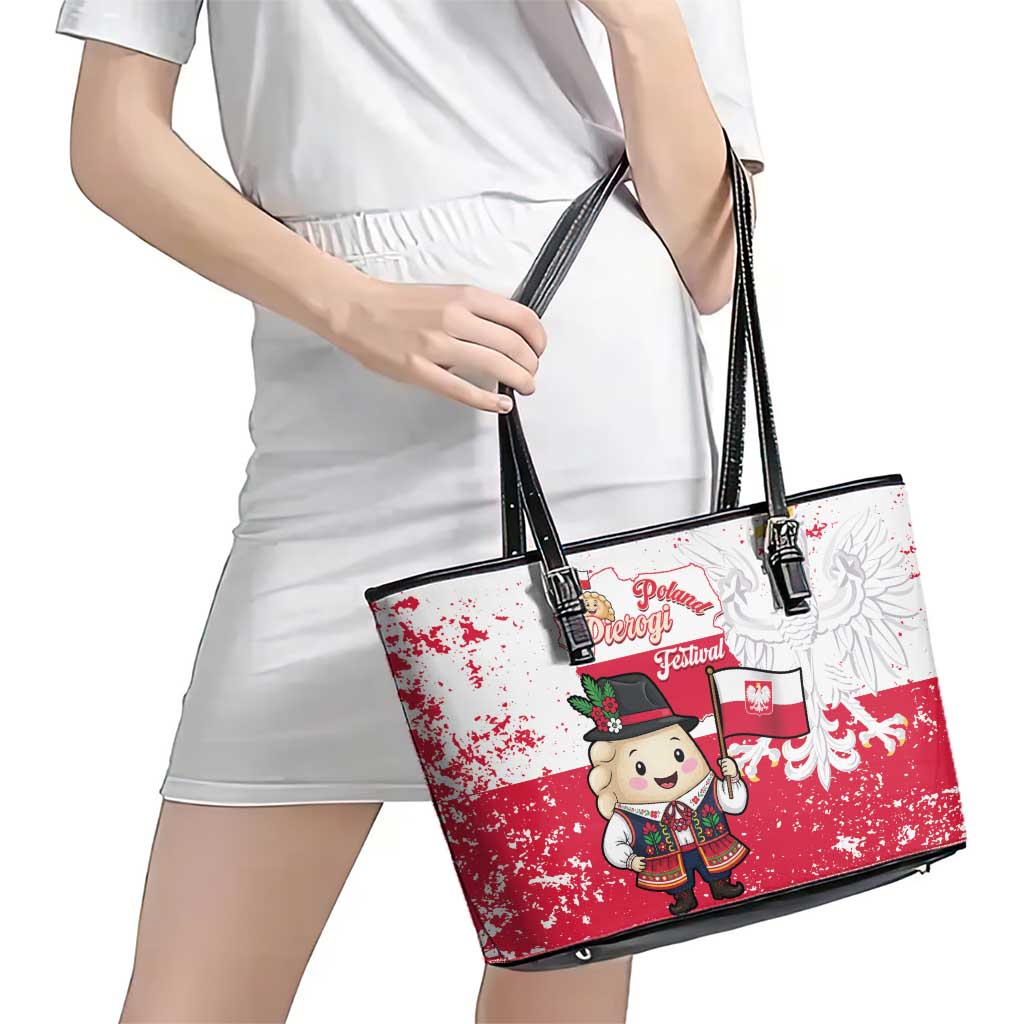 Poland Pierogi Festival Leather Tote Bag Funny Dumpling Costume With Flag - Wonder Print Shop