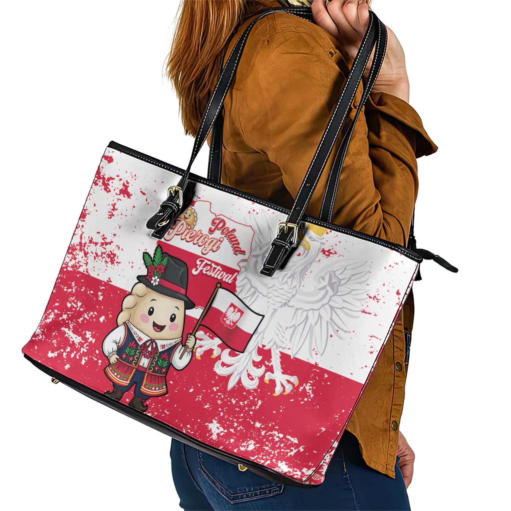 Poland Pierogi Festival Leather Tote Bag Funny Dumpling Costume With Flag - Wonder Print Shop