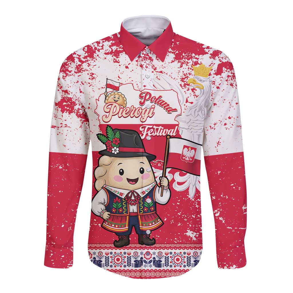 Poland Pierogi Festival Long Sleeve Button Shirt Funny Dumpling Costume With Flag - Wonder Print Shop