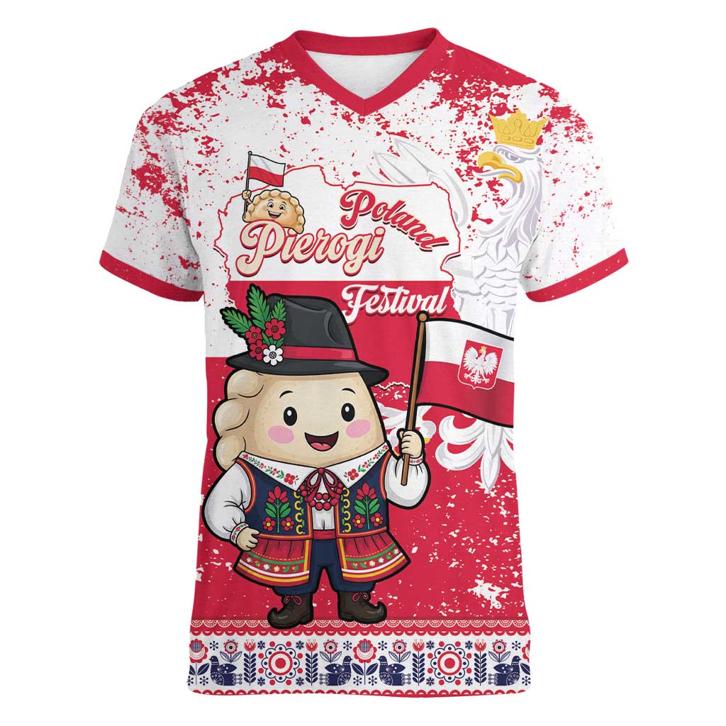 Poland Pierogi Festival Women V-Neck T-Shirt Funny Dumpling Costume With Flag - Wonder Print Shop