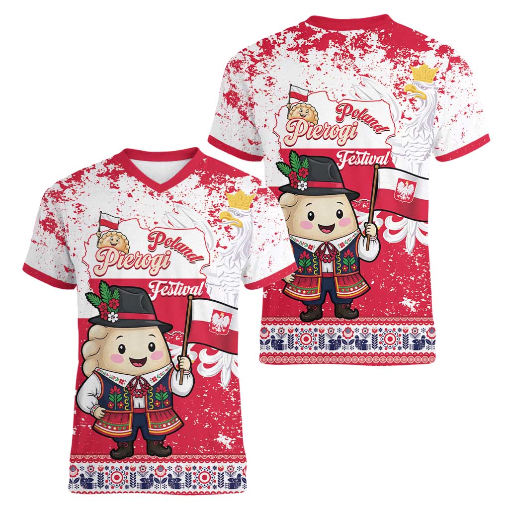 Poland Pierogi Festival Women V-Neck T-Shirt Funny Dumpling Costume With Flag - Wonder Print Shop