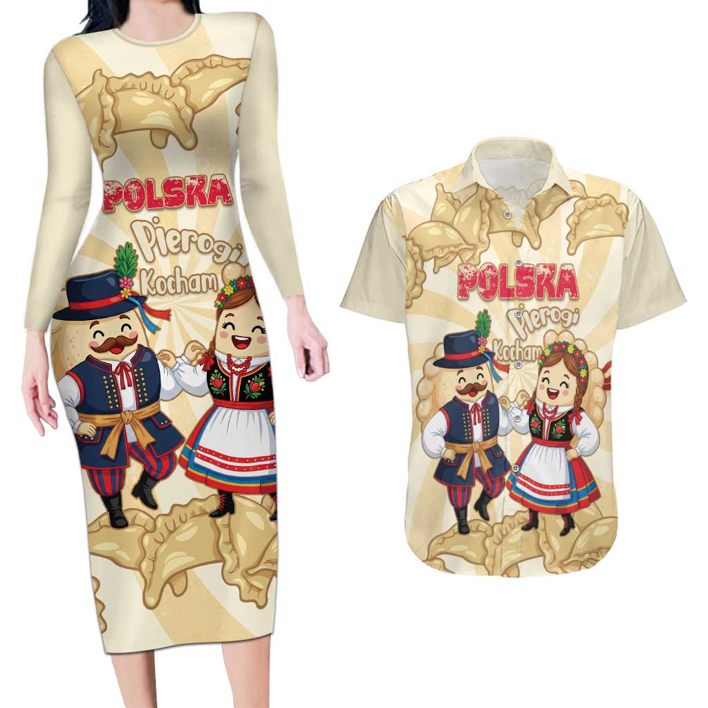 Personalised Pierogi Festival Poland Couples Matching Long Sleeve Bodycon Dress and Hawaiian Shirt Polska Dumpling Kocham - Wonder Print Shop