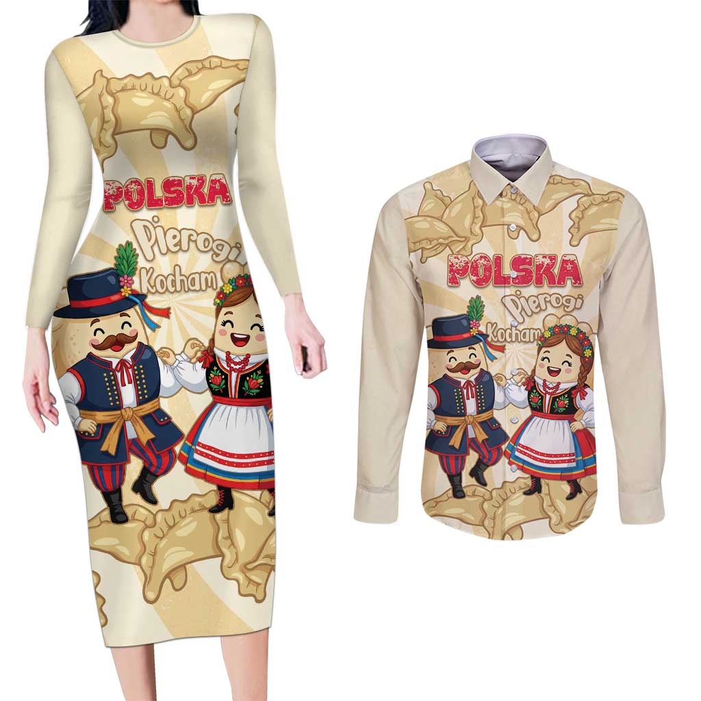 Personalised Pierogi Festival Poland Couples Matching Long Sleeve Bodycon Dress and Long Sleeve Button Shirt Polska Dumpling Kocham - Wonder Print Shop