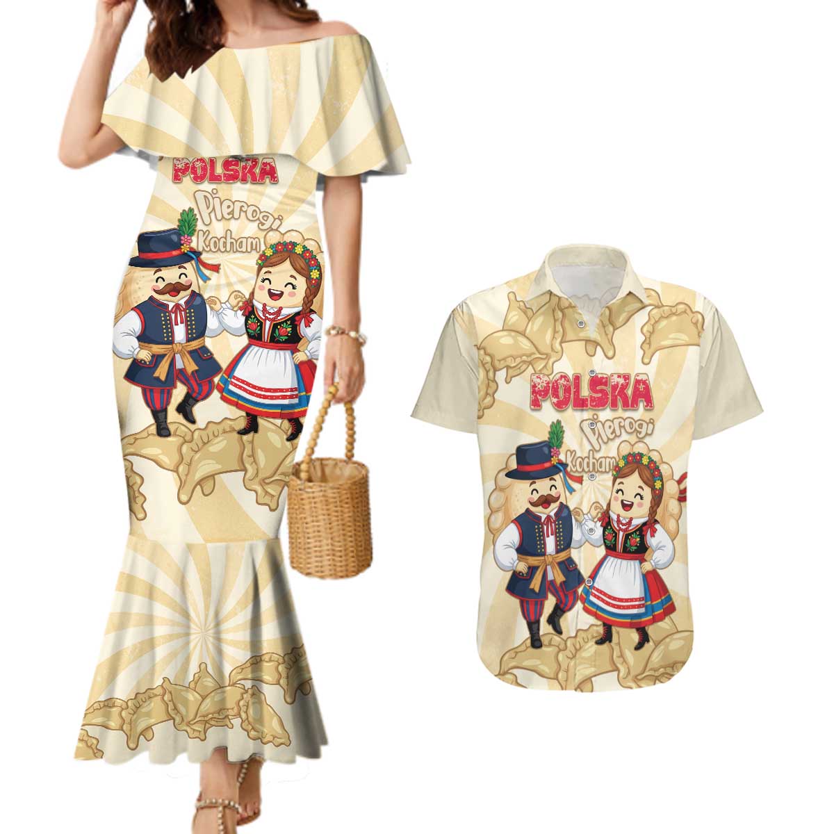 Personalised Pierogi Festival Poland Couples Matching Mermaid Dress and Hawaiian Shirt Polska Dumpling Kocham - Wonder Print Shop